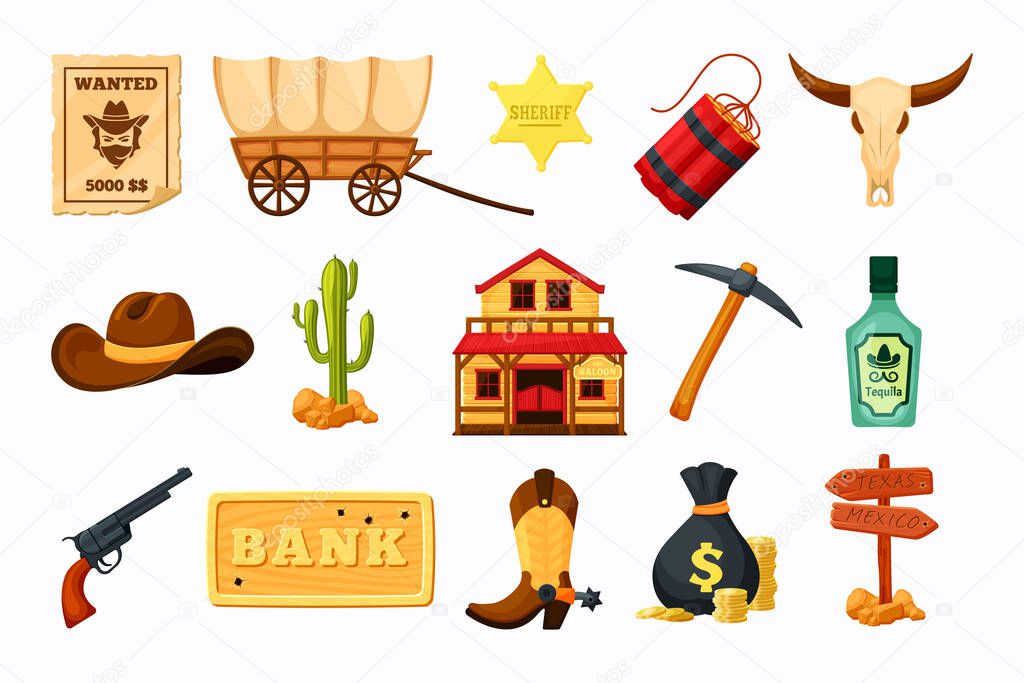 West wild set. Saloon bar cowboy hat sheriff star tequila wagon cow skull pickaxe revolver texas mexico pointer dynamite bunch money bag advertisement wanted bulletin board bank. Cartoon vector.