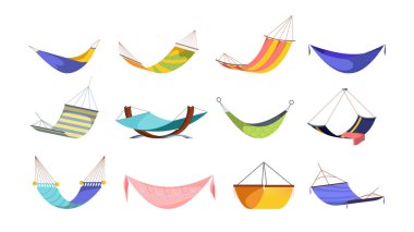 Hamak büyük sette asılı. Modern asılı hamaklar parlak moda pembe elmaslar sepeti tropikal yeşil renkler çiziyor kırmızı turuncu koyu mavi havlu. Clipart vektörü dinleniyor.