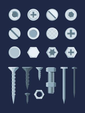 Screw bolt nail set. Fixing self tapping screw bolt with nut top side view construction carpentry nails various types caps hexagon star diagonal round. Vector realistic style. clipart