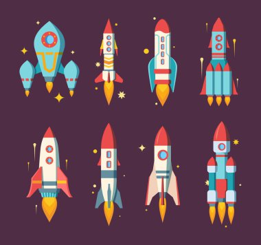 Uzay roketleri ayarlandı. Modern yıldız, çeşitli şekillerde ağır çok aşamalı kargo araştırma istasyonları yolcusu üç güçlü motorlu renkli bilgisayar oyunu tasarımına sahiptir. Çizgi film uzay vektörü.