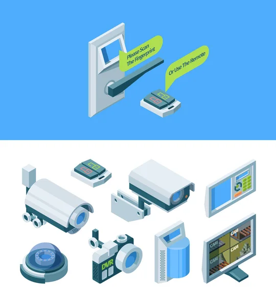 Sistema isométrico inteligente de seguridad de cámara. Moderno escáner de huellas dactilares de oficina de seguridad electrónica monitor cerradura eléctrica interruptor calle cúpula cámaras ptz, vigilancia automatizada. Vector isométrico . — Vector de stock