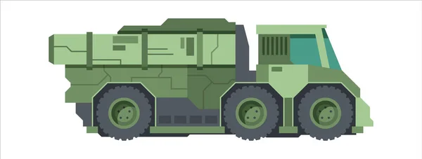 Camouflaged military truck. Green wheeled lorry M939 for transportation military goods soldiers armored protection from bullets staff car mobile communications center. Flat vector combat graphic. — Stock Vector