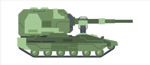 Militärische Selbstfahrerartillerie als Tarnung. Schwere Raupe grüne Haubitze tödliche Kanone mit großer Reichweite mit großkalibrigen gepanzerten Schutzgeschosse Fragmente Granaten. Cartoon-Kampfvektor. — Stockvektor