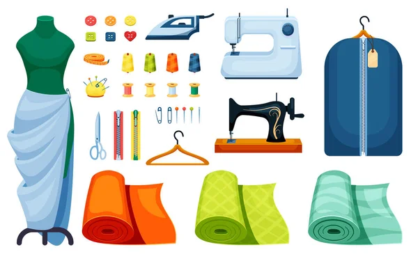 Supplies sewing set. Sewing machine white iron centimeter singer hanger scissors mannequin roll fitting of fabric orange pin yellow bobbin thread green spool button needle zipper. Clipart vector. — Stock Vector