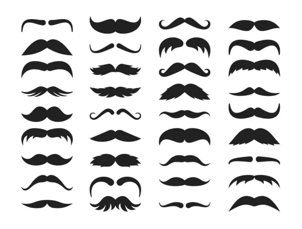 Mustache silhouette set. Stylish look black mustache curly horseshoe imperial pencil english pyramid italian narrow french, walrus brush, male hipster modern fashion. Silhouette vector clipart. — Stock Vector