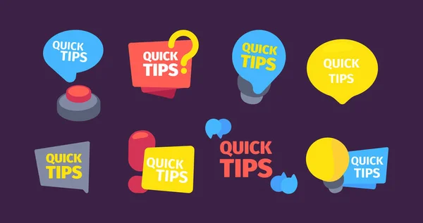 Quick set tips. Useful hints and tips color banners red button question mark speed idea bulb modern information solution. Useful vector banners flat style. — Stock Vector