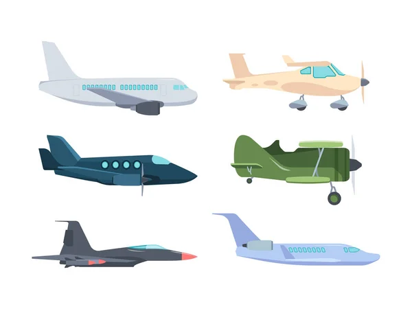 Airplanes set. Modern passenger liners retro propeller an 2 corncob super powerful combat fighter MiG 31 small high speed private jet golfstream compact training aircraft for 2. Cartoon vector. — Stock Vector