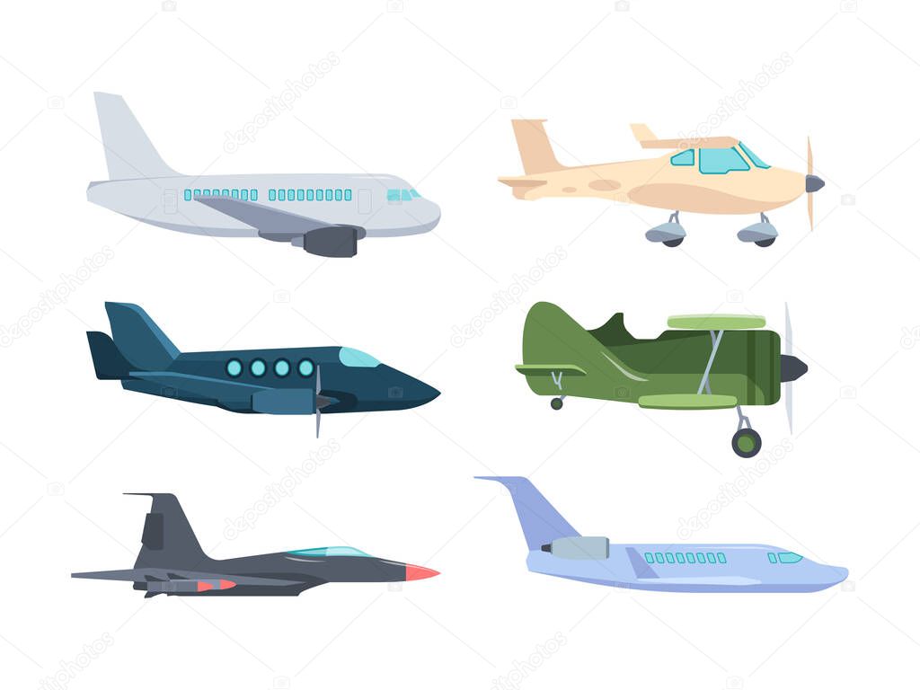 Airplanes set. Modern passenger liners retro propeller an 2 corncob super powerful combat fighter MiG 31 small high speed private jet golfstream compact training aircraft for 2. Cartoon vector.