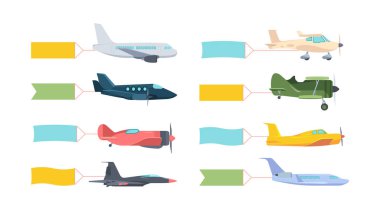 Pankartı olan uçaklar. Kuyruğunda renk posteri olan modern retro uçak güçlü savaş uçağı motoru sarı, yüksek hızlı yeşil eğitim mavisi. Çizgi film afiş vektörü.