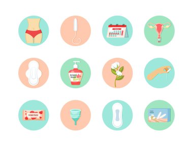 Kadınların adet günleri belirlendi. Samimi hijyen jeli kutusu tamponları farklı emilim sistemleri takvim zaman döngüsü rahim yapısı ıslak hijyenik mendiller. Düz sembol vektörü.