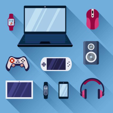 Oyun aletleri hazır. Güçlü dizüstü bilgisayarlı dijital tablet oyun konsolu akıllı telefon stereo akıllı kulaklıklar elektronik eğlence teknolojisi. Düz biçim vektörü.