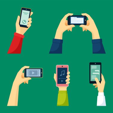 Akıllı telefon seti. Video içeriği cihazının kitap okumasını izliyorum. Moda müzik parçalarını dinliyorum. Meslektaşıma uzun zamandır gelen bir çağrı alıyorum. Akıllı çizgi film vektörü.