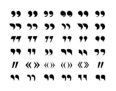 Tırnak işaretleri ayarlandı. Siyah alıntı ters çevrilmiş geometrik tasarım beyaz arkaplan bilgisi yorum grafik diyalog tartışma simgesini işaret ediyor. Sembol vektör biçimi.