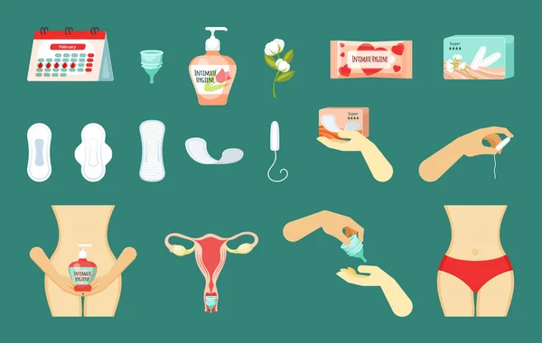 Mulheres criticas dias menstruais definido. Higiene gel caixa tampões mão pack pads todos os dias sistemas de absorção calendário ciclo menstrual copo uterino estrutura molhado toalhetes higiênicos. Símbolo plano vetorial . — Vetor de Stock