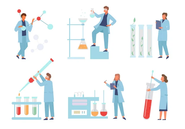 Os cientistas conduzem experimentos bioquímicos conjunto de laboratório. Verificando estrutura molecular coronovírus cor vacina pesquisador coleta estatísticas estimulantes de crescimento vegetal. Vetor plano científico — Vetor de Stock