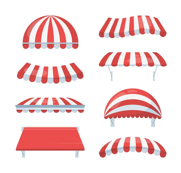 Canopy gestreepte set. Modieuze rood witte luifels beschutting tegen regen zon nodig accessoire cafe retail element van de architectuur circus zomer theater. Schaduwvector cartoon. — Stockvector