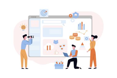 Promosyon sitesi hata ayıklama konsepti. Seo pazarlamacıları ana sayfadaki kurumsal web sitesi yapılandırma reklamları güncelleme bilgilerini analiz ederler. Vektör çizgi film biçimi.