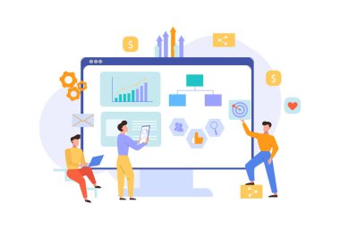 Strateji web sitesi seo analizi çizimi. Infographic Information Digital optimizasyon grafiklerinin trafik koleksiyonu için alan araştırması yapan pazarlamacılar yenilik web stratejisini inceliyor. Vektör düzlüğü.