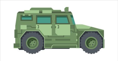 Askeri kamuflaj cipi. Zırhlı mobil SUV yeşil çekiç vagonu radar hızlı ulaşım askerler mermilerin parçalarını otomatik dolduran mermilerle donattılar. Vektör düz savaş.