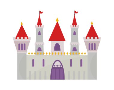 Sihirli masal kalesi. Duvarı geçilemez mor kapı kuleleri altın ok süslemeleri kırmızı bayraklar güçlü binalar iki renkli fantezi kulesi. Çizgi film rüya vektörü.