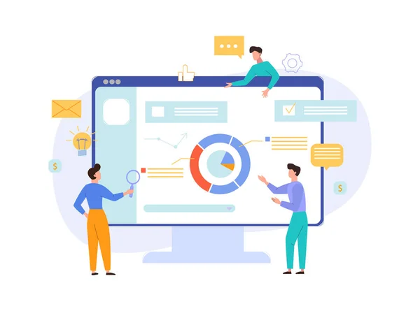 Infográfico website visitando conceito. Os testadores Seo analisam o site corporativo para pedidos de visitas numéricas novas ideias otimizando a disponibilidade de publicidade contextual. Estilo plano de vetor de negócios . —  Vetores de Stock