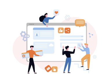 Web sitesi geliştirme içeriği kavramı. Tasarımcılar site yeri afiş etiketlerini ana sayfadaki iş bilgilerini düzenleyerek oluşturuyorlar. Çizgi film vektör biçimi.