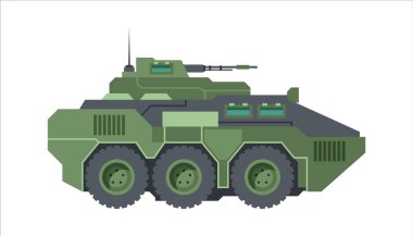 Zırhlı savaş aracı kamuflajı. Yeşil tekerlekli zırhlı personel taşıyıcı otomatik top anteni müfreze askerleri taşıyarak mermi parçalarını koruyor. Vektör düz grafik.