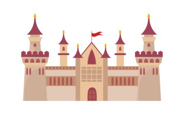 Gotik Antik Kale. Güçlü duvarlar, yüksek gözetleme kuleleri, uzun pencereli Prag şatosunun merkez giriş bayrağı kırmızı kubbe. Zarif çizgi film vektörü.