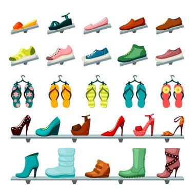 Uniseks ayakkabıları kadın erkek seti. Raflar, moda deri okumalar, büyük Jackbut 'lar, mokasen mokasenler, kırmızı plaj terlikleri, espadrilles yeşili. Zarif vektör karikatürü.