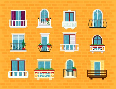 Pencere ve balkon seti. Güzel klasik İspanyol balkonu açılış manzaralı İtalyan çift kanatlı sürgülü pencereleri birleştirerek çömlek fabrikalarına inşa etti. Vektör modayı çizgi filmi