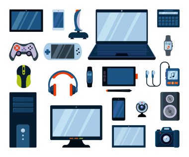 Gadgets elektronik büyük seti. Güçlü dizüstü bilgisayar sistemi birimi fare stili oyun parkı mp3 çalar webcam akıllı telefon modern kulaklıkları elektronik olarak izler. Düz biçim vektörü.