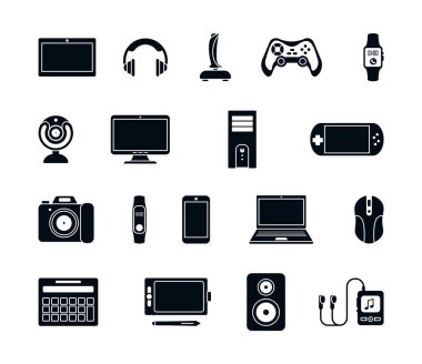 Elektronik aletler siluet simgeleri ayarlandı. Model joystick modern dizüstü bilgisayar sistemi oyun parkı mp3 çalar webcam akıllı telefon stereo akıllı kulaklık hoparlörleri. Vektör siluet simgesi.