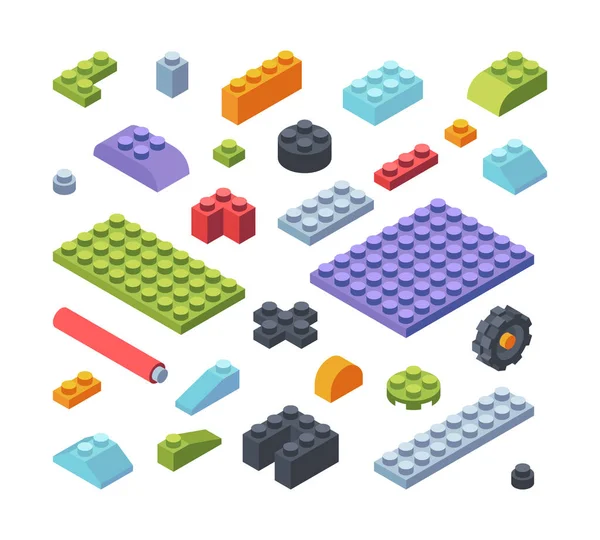 Constructeur enfants pièces isométriques grand ensemble. Tuiles et blocs multicolores modèles de jouets d'assemblage bandes diverses formes géométriques larges enfants étroits constructeur de développement. Vecteur en développement. — Image vectorielle