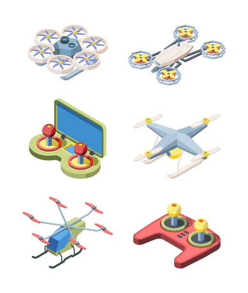 Flying drones set. Modern robotic devices for cargo delivery filming with control panel stylish futuristic design quadrocopters wireless transport electric batteries. Innovative vector. — Stock Vector