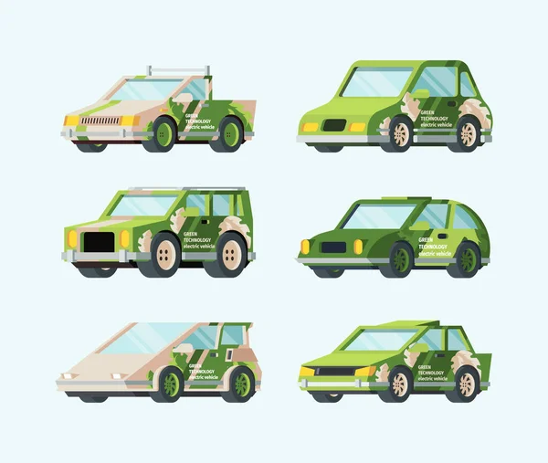 Elektroautos der Zukunft. Stilvolles grünes Design ökologischen Transport modernes futuristisches Auto Rahmen sichere alternative Energien erneuerbare Energiequellen Umweltschutz. Cartoon-Ladevektor. — Stockvektor