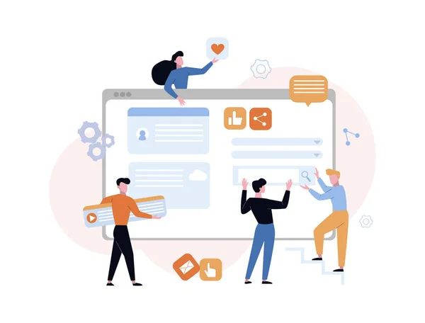 Conceito de conteúdo de desenvolvimento de site. Programadores de designers compõem a venda de etiquetas de banner local do site editar informações de negócios de atualização na página principal. Estilo vetorial dos desenhos animados . — Vetor de Stock