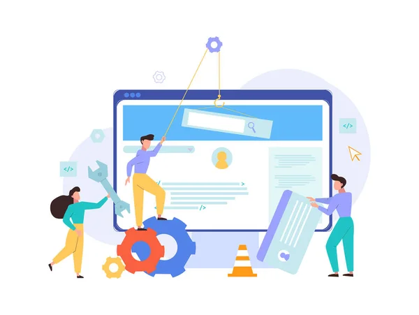 Website repair debugging optimization concept. Programmers testers repair corporate website adjust number visits orders fix bugs optimize availability of contextual advertising. Cartoon vector style. — Stock Vector