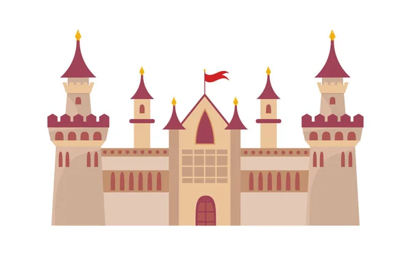 Gothic ancient citadel. Powerful walls high watchtowers red domes central entrance flag at top elongated windows loophole impregnable Prague castle. Elegant cartoon vector. — Stock Vector