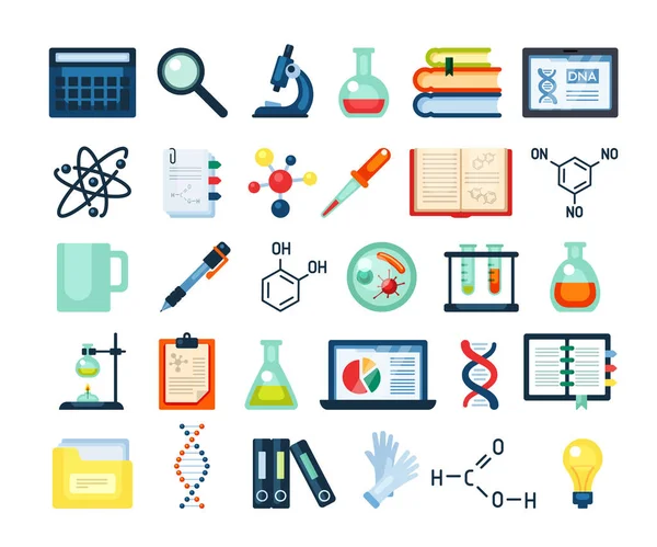 Inventario della ricerca scientifica. Microscopio elettronico DNA formula molecolare ricerca per laptop infografiche provette materiali libri di genetica penna tazza caffè flacone vaccino. Vettore piatto di ricerca. — Vettoriale Stock