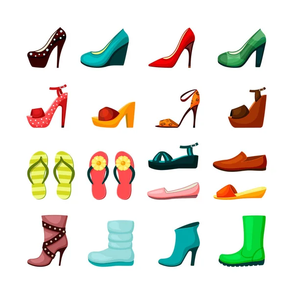 Set de zapatos para mujer. Elegantes zapatos de noche plataforma tacones mocasines de oro cómodos mocasines zapatillas de playa rojas alpargatas de moda botas wellington verdes botas de luna cálidas. Elegante vector plano . — Vector de stock