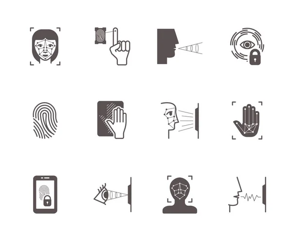 Biometric recognition system icons set. Face scanning, fingerprint palm identification opening lock by scanning retina voice vibration modern electronic protection systems. Vector detection icons — Stock Vector