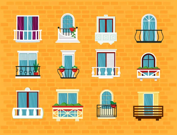 Pencere ve balkon seti. Güzel klasik İspanyol balkonu açılış manzaralı İtalyan çift kanatlı sürgülü pencereleri birleştirerek çömlek fabrikalarına inşa etti. Vektör modayı çizgi filmi