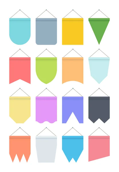 Pennant colour banner set. Bright festive hanging flags for birthday parties various geometric shapes template space billboard textured fabric presentation business. Multicolored vector. — Stock Vector