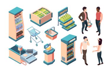 Süpermarket izometrik ekipman seti. Kahve kutuları alıcısı ve sepet satıcısı danışmanı nakit masası bilgisayarı taşıma bandı öz servis noktası Muzlar dondurucu gıda dolabı vektörü izometrik ölçekte.