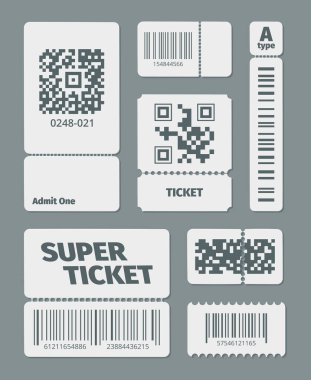 Barkod QR kodlu biletler ayarlandı. Standart barkod ve en son QR tanımlama lazer tarama sembolü etiketi perakende ürünler, modern veri takibi. Teknolojik vektör biçimi.
