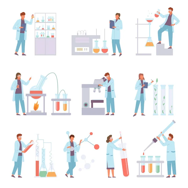 Scientists biochemical conduct laboratory experiments set. Data microscopy biodistillation titration checking molecular structure coronovirus color vaccine researcher statistics plant. Vector flat. — Stock Vector