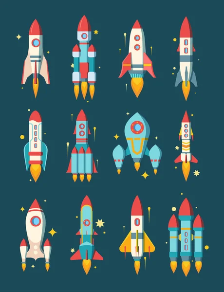 Cohetes en el espacio. Star ships moderno varias shapesfire escape motor pesado asteroide aparejos clase estrella destructor carga multietapa pasajero elegante color ordenador juego de diseño. Vector espacial de dibujos animados . — Vector de stock