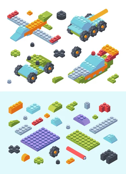 Kids constructor toys isometric set. Variety modern colored tiles details assembled toy models wheeled tank airplane speed boat geometric planks shapes wide narrow childrens designer. Vector style. — Stock Vector