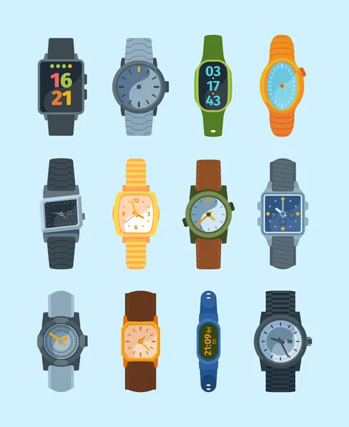 Elegante conjunto de relojes de pulsera. Relojes modernos de moda de élite retro diseño mecánico de baterías electrónicas de lujo de nueva generación de tecnologías inteligentes con minicomputador. Estilo de vector digital . — Vector de stock