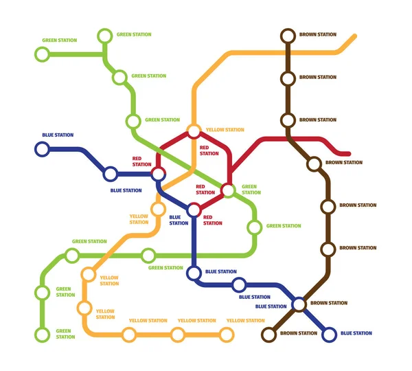 Illustration einer Metrovorlage. Hochgeschwindigkeits-U-Bahn große Anzahl von Stationen fünf mehrere Kilometer Richtungen jede Linie mit seinem eigenen Farbkonzept moderne U-Bahn-Fahrt hervorgehoben. Vektorcliparts. — Stockvektor